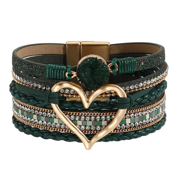 P Ammy Fashion® Womens Multi-layer Love Heart Leather Wrap Bracelets Stackable Boho Bangles Bohemian Cuff with Magnetic Clasp Jewelry Gift (Blackish Green)