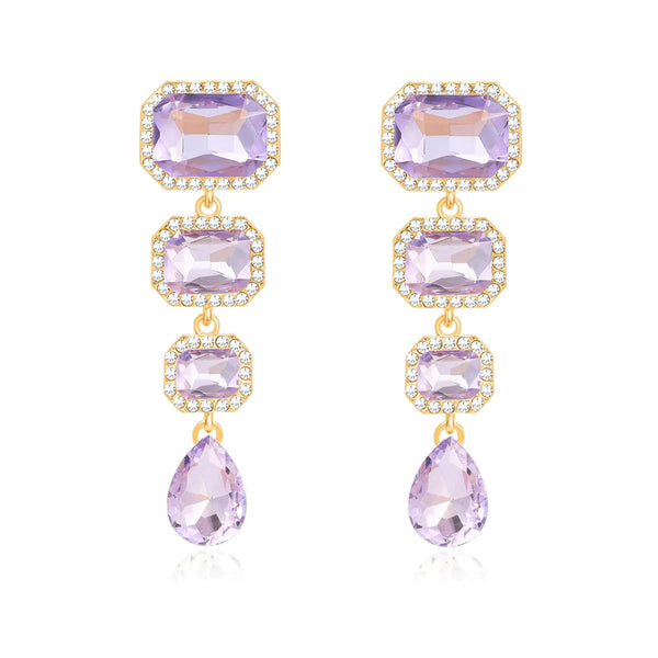 Met-edianger Purple Rhinestone Drop Dangle Earrings Crystal Dangling Earrings Rectangle Teardrop Chandelier Statement Earrings for Women