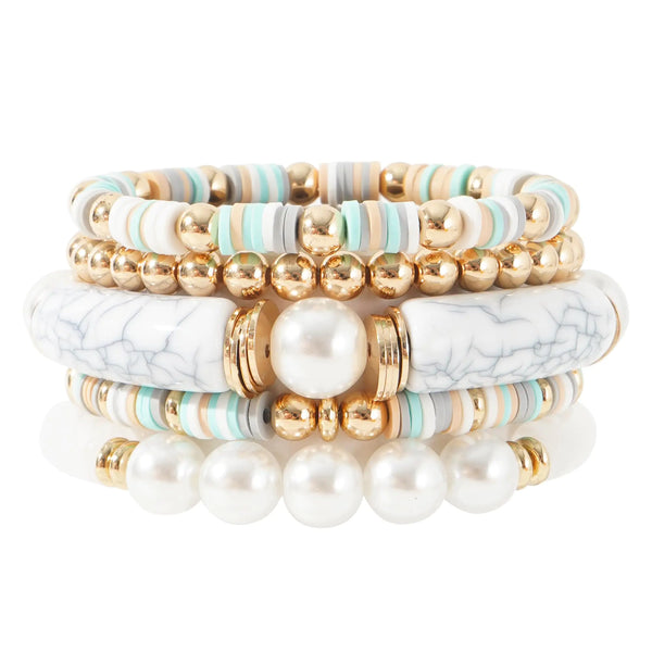 GOOJIDS Bamboo Tube Bangles Bracelet Chunky Curved Stacking Clear Acrylic Colorful Beads Stretchable Friendship Gold Bracelets Gift For Women (A-A1 Light blue set)